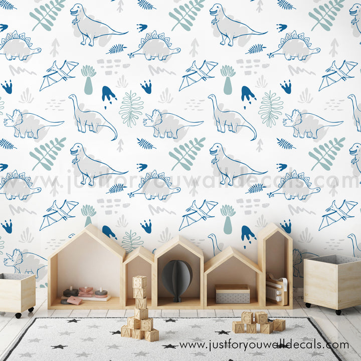 Dinosaur baby boy nursery wallpaper peel and stick removable, kids wallpaper