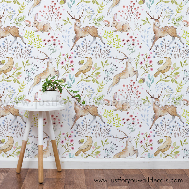 Woodland animal wallpaper, baby boy nursery wallpaper peel and stick removable, fox deer forest bird rabbit nursery wallpaper