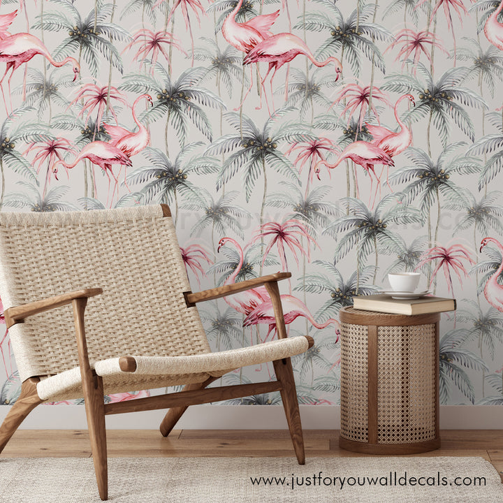 Flamingo with Palm Tree Removable Peel and Stick Wallpaper, Tropical Wallpaper, Removable Pre-Pasted Wallpaper