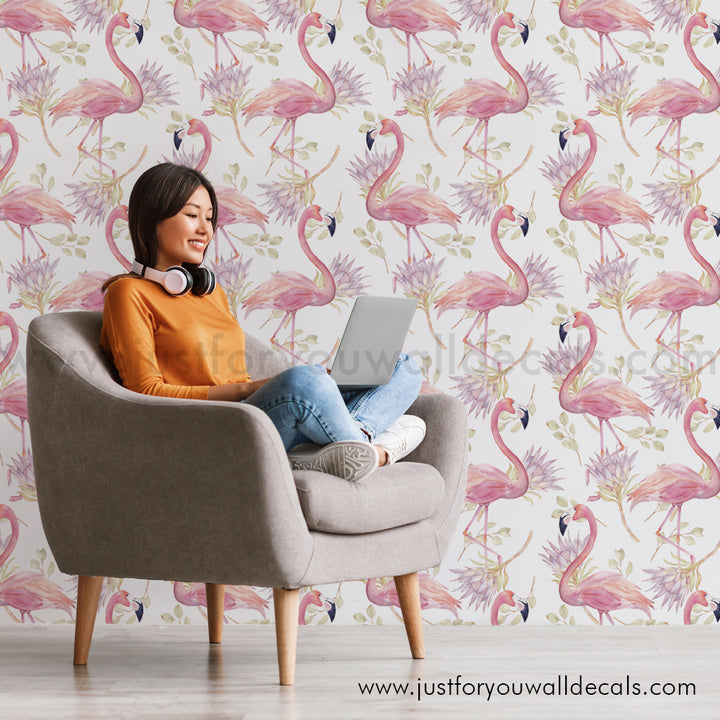 Flamingo wallpaper peel and stick removable, kids wallpaper