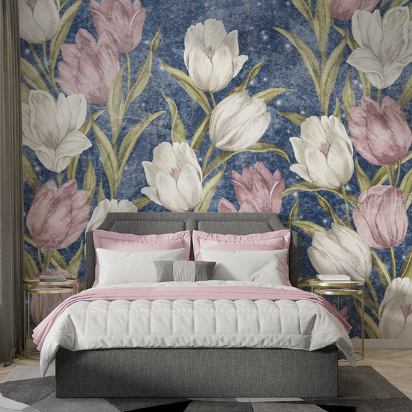 Floral Tulip Flower Peel and Stick Removable Wallpaper, Pink and White Floral Wallpaper Peel and Stick Wallpaper