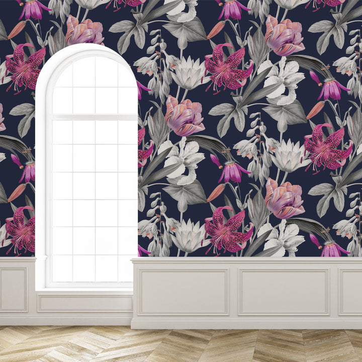 pink and white floral wallpaper on dark background