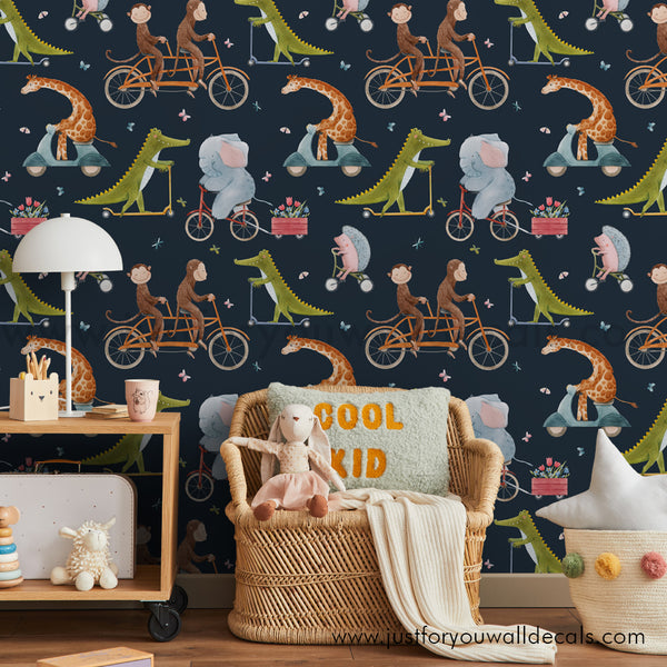 Kids animals on bikeswallpaper, baby boy nursery wallpaper peel and stick removable