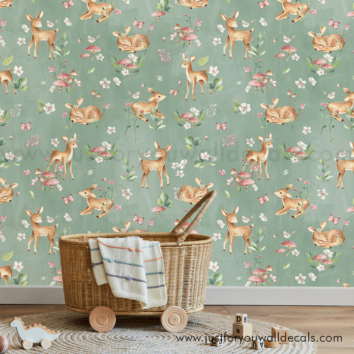 woodland animal nursery wallpaper, baby girl nursery wallpaper, deer wallpaper, vintage animal floral wallpaper, peel and stick wallpaper, removable wallpaper