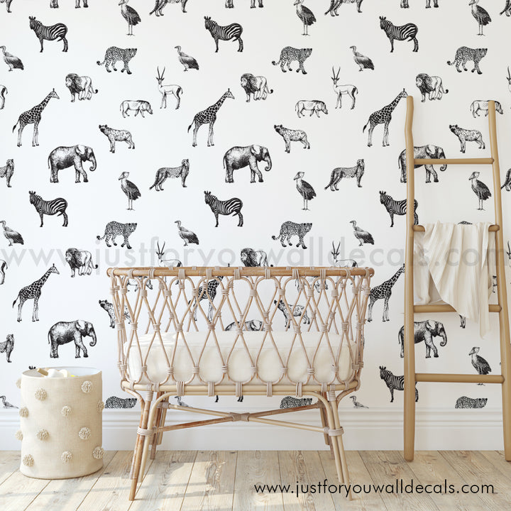 Black and white nursery safari animal wallpaper peel and stick removable, kids wallpaper