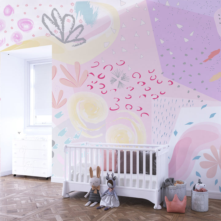 Abstract pastel floral wallpaper with pink, yellow, lavender, and soft gray tones, featuring whimsical patterns and shapes in a peel-and-stick design.