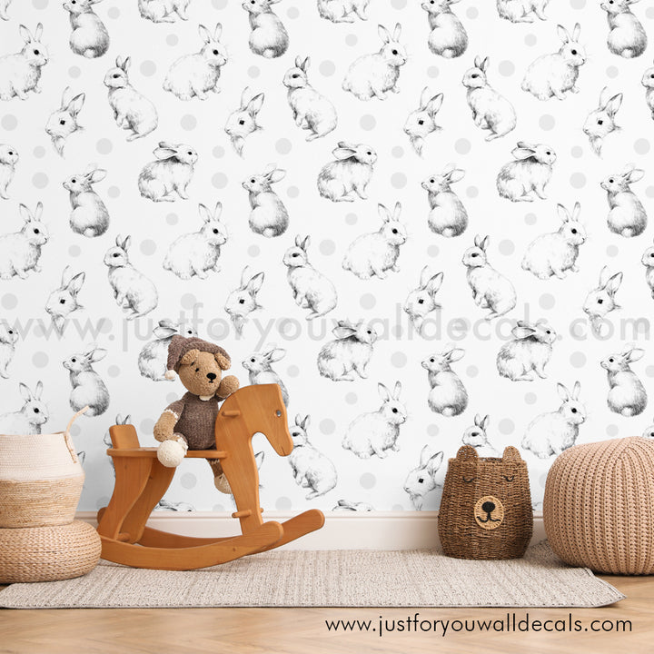 Rabbit Bunny nursery wallpaper peel and stick removable, kids wallpaper