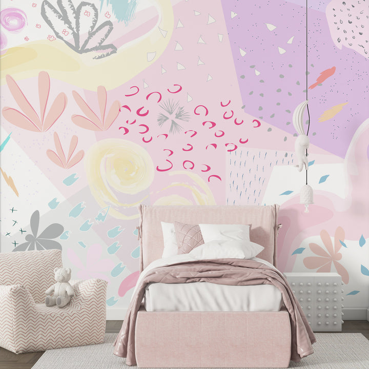 Abstract pastel floral wallpaper with pink, yellow, lavender, and soft gray tones, featuring whimsical patterns and shapes in a peel-and-stick design.