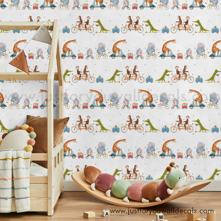 Kids animals on bikeswallpaper, baby boy nursery wallpaper peel and stick removable