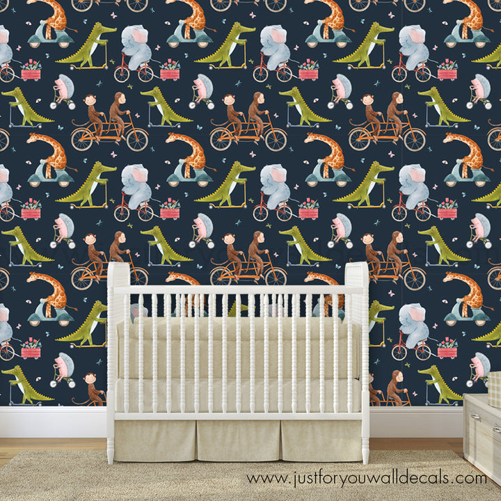 Kids animals on bikeswallpaper, baby boy nursery wallpaper peel and stick removable