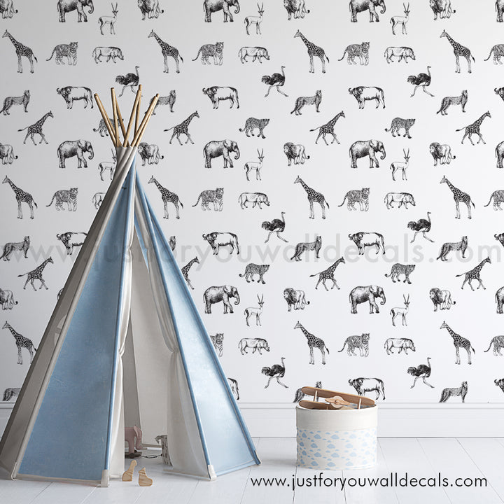 Black and white nursery safari animal wallpaper peel and stick removable, kids wallpaper