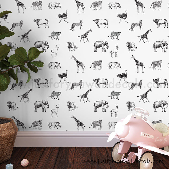 Black and white nursery safari animal wallpaper peel and stick removable, kids wallpaper