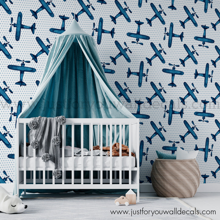 blue airplane plane peel and stick wallpaper, boys room wallpaper peel and stick, airplane wallpaper on polka dot background wallpaper for kids room