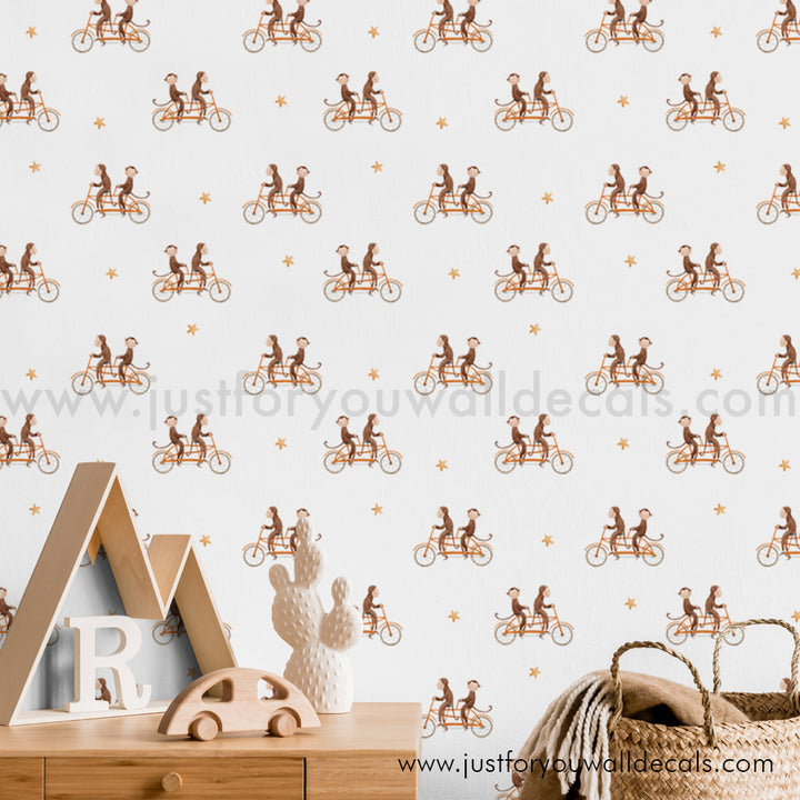 Monkeys on bikes wallpaper, baby boy nursery wallpaper peel and stick removable