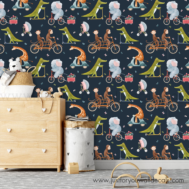 Kids animals on bikeswallpaper, baby boy nursery wallpaper peel and stick removable