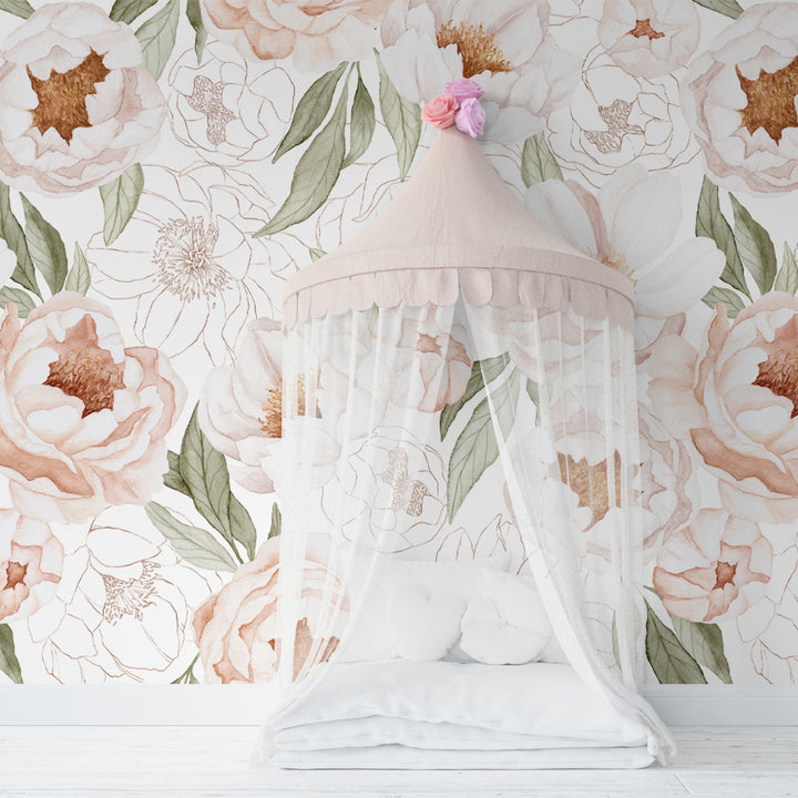 peony floral wallpaper, peony floral peel and stick nursery wallpaper