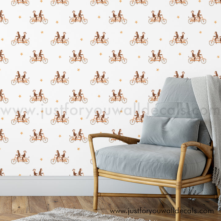 Monkeys on bikes wallpaper, baby boy nursery wallpaper peel and stick removable