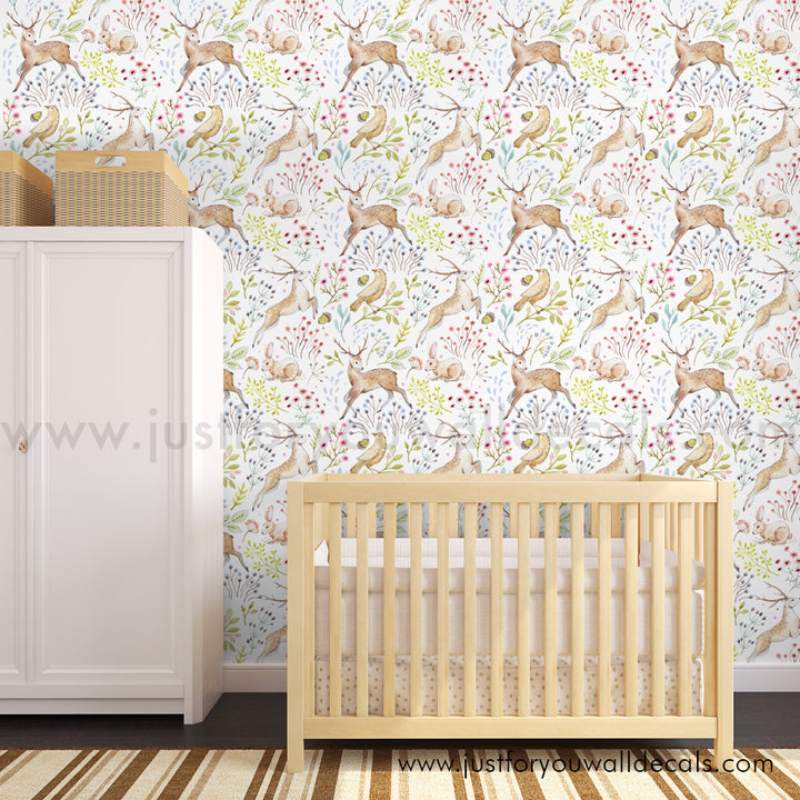 Woodland animal wallpaper, baby boy nursery wallpaper peel and stick removable, fox deer forest bird rabbit nursery wallpaper