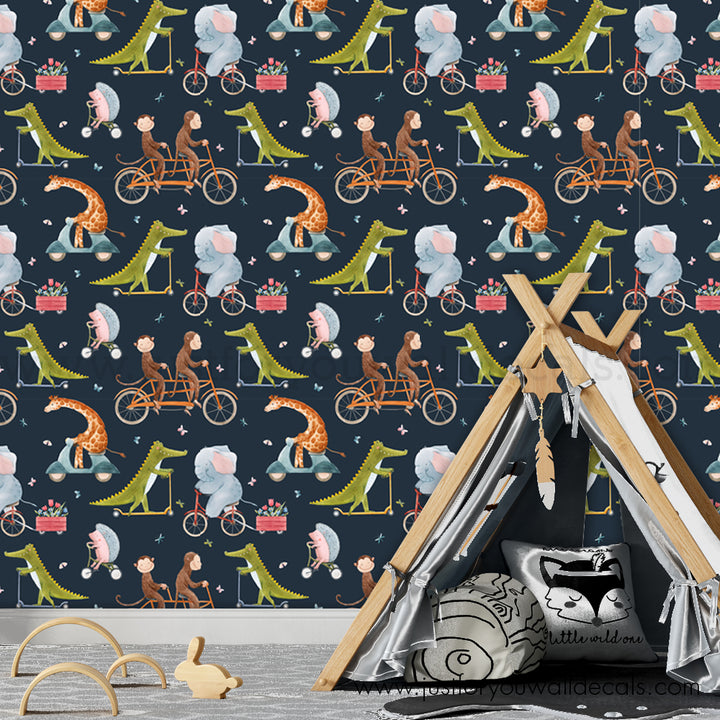 Kids animals on bikeswallpaper, baby boy nursery wallpaper peel and stick removable