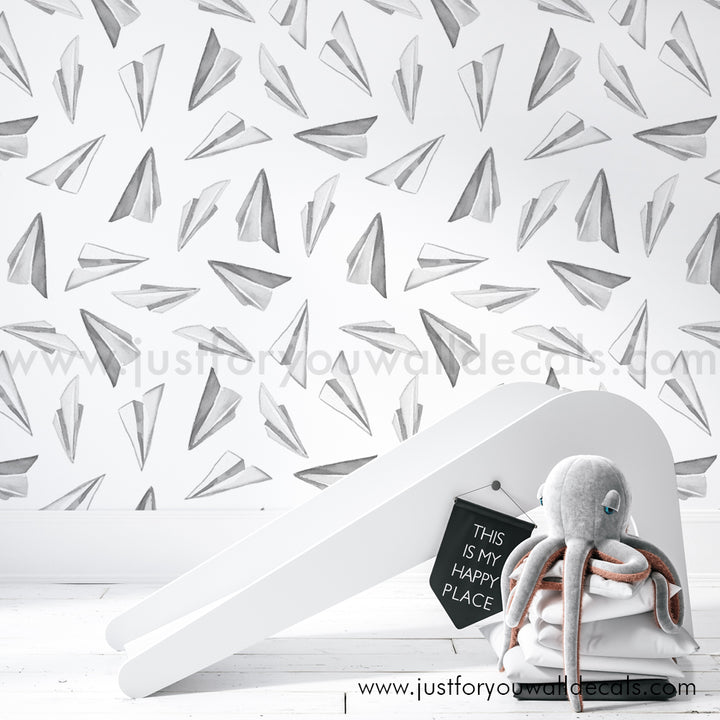 Black and white paper airplane peel and stick wallpaper removable, kids wallpaper