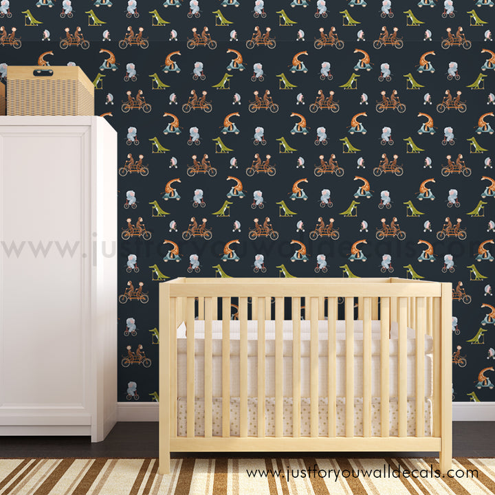 Giraffe Monkey Alligator Animals on bikes wallpaper, baby boy nursery wallpaper peel and stick removable