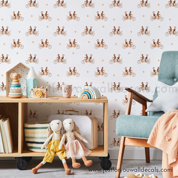 Monkeys on bikes wallpaper, baby boy nursery wallpaper peel and stick removable