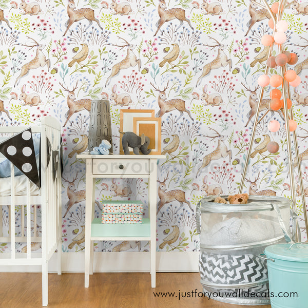 Woodland animal wallpaper, baby boy nursery wallpaper peel and stick removable, fox deer forest bird rabbit nursery wallpaper