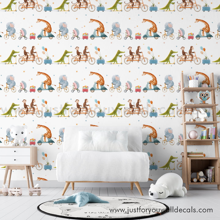 Giraffe Monkey Alligator Animals on bikes wallpaper, baby boy nursery wallpaper peel and stick removable