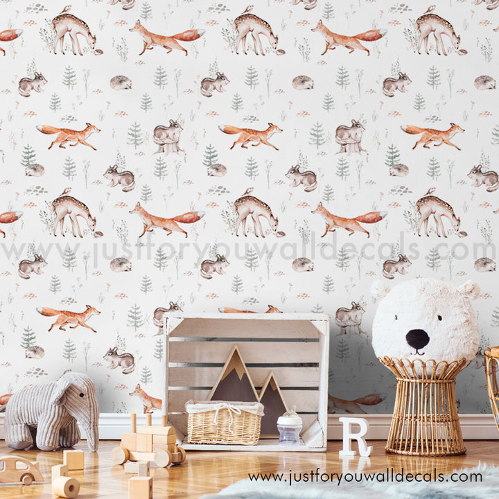 Woodland animal wallpaper, baby boy nursery wallpaper peel and stick removable, fox deer nursery wallpaper