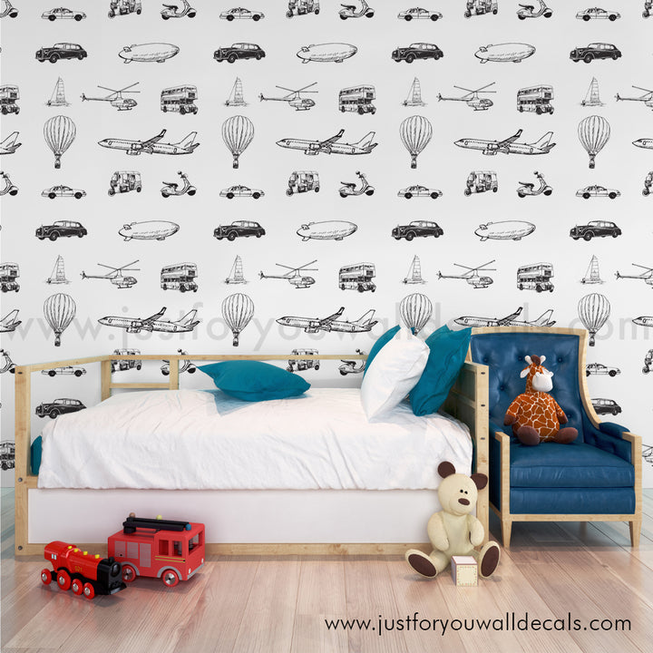 black and white kids car peel and stick wallpaper