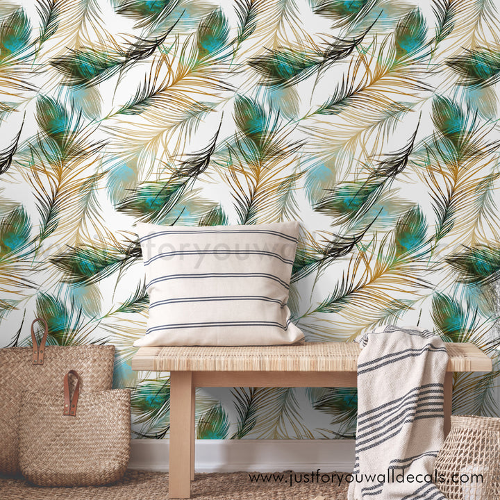 bird peacock feather peel and stick wallpaper removable