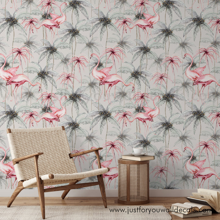 Flamingo with Palm Tree Removable Peel and Stick Wallpaper, Tropical Wallpaper, Removable Pre-Pasted Wallpaper