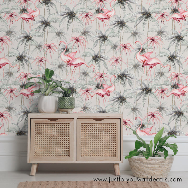 Flamingo with Palm Tree Removable Peel and Stick Wallpaper, Tropical Wallpaper, Removable Pre-Pasted Wallpaper