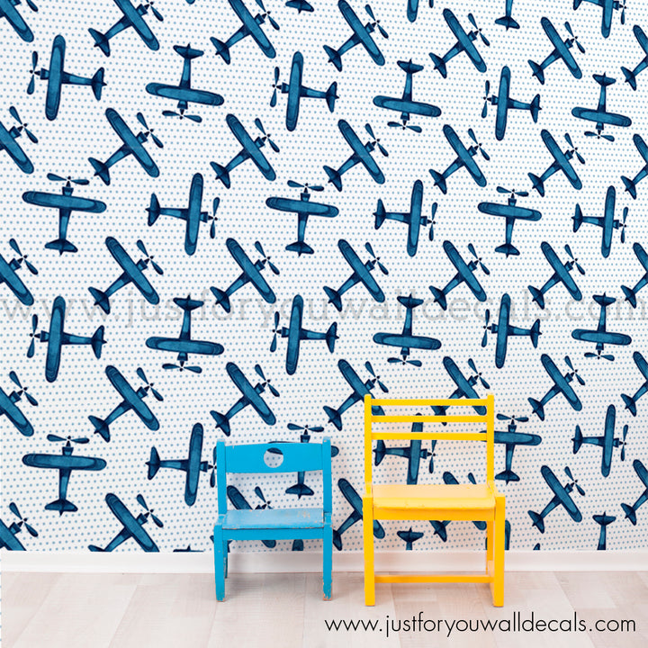 blue airplane plane peel and stick wallpaper, boys room wallpaper peel and stick, airplane wallpaper on polka dot background wallpaper for kids room