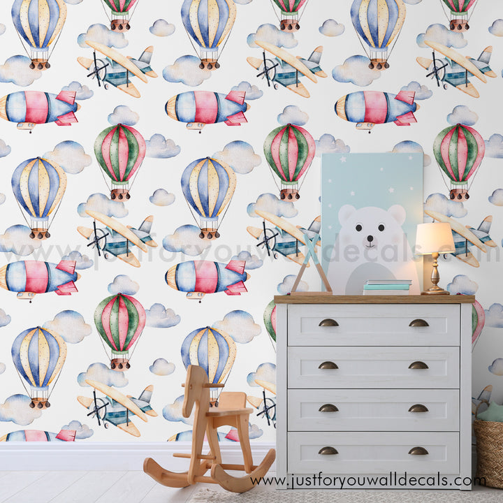 Hot air balloon wallpaper peel and stick, baby boy nursery hot air balloon wallpaper peel and stick, boys room wallpaper