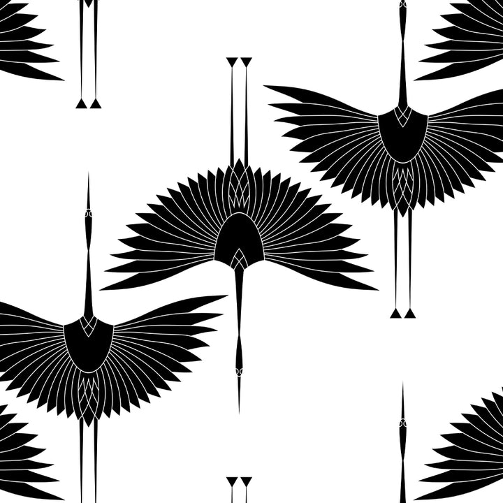 Stylish monochrome wallpaper with elegant cranes in flight, perfect for modern and contemporary interiors.