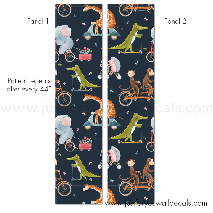 Kids animals on bikeswallpaper, baby boy nursery wallpaper peel and stick removable