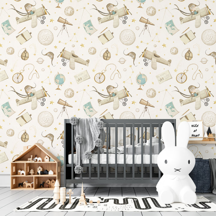 travel inspired peel and stick nursery wallpaper, travel wallpaper for boys, travel wallpaper nursery