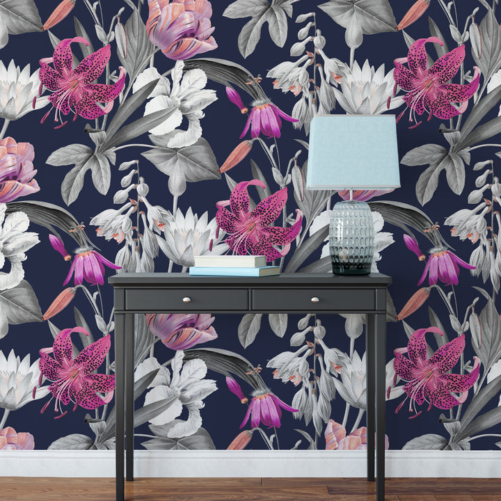 pink and white floral wallpaper on dark background