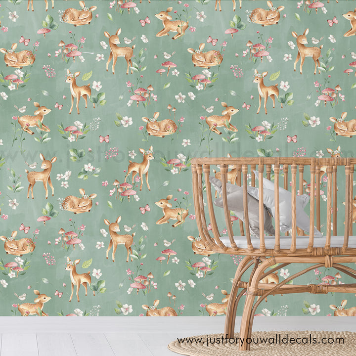 woodland animal nursery wallpaper, baby girl nursery wallpaper, deer wallpaper, vintage animal floral wallpaper, peel and stick wallpaper, removable wallpaper