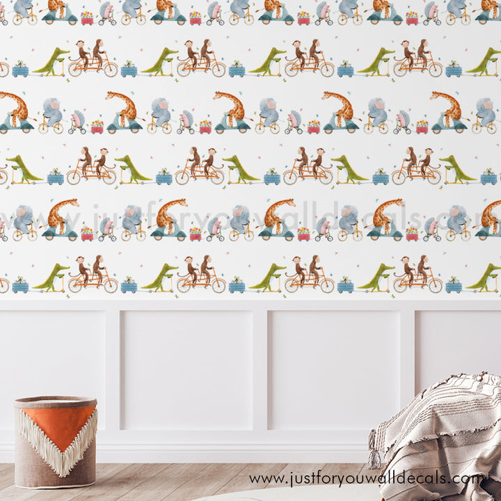 Kids animals on bikeswallpaper, baby boy nursery wallpaper peel and stick removable