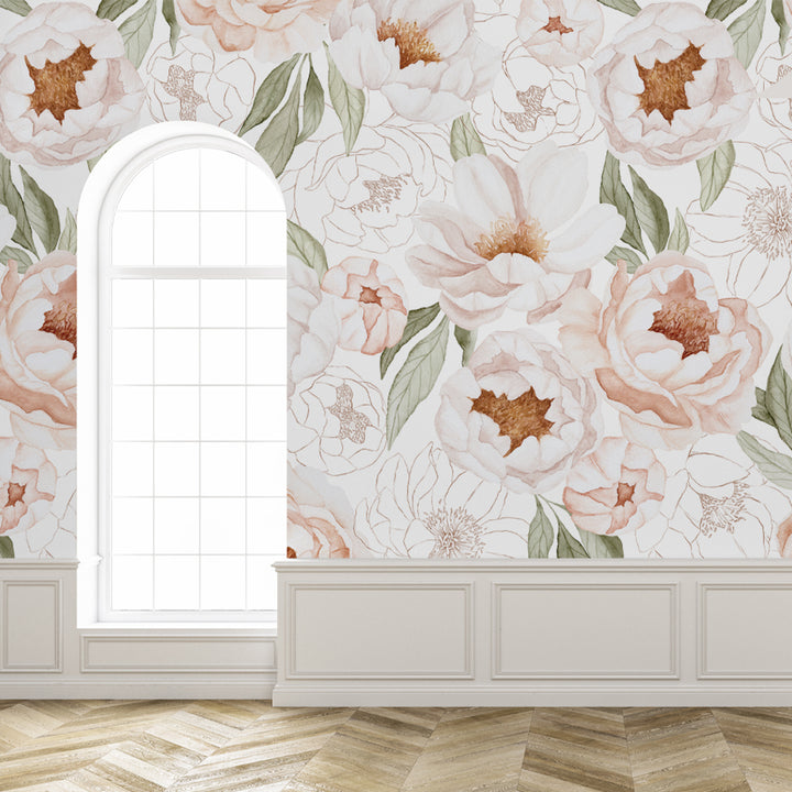 peony floral wallpaper, peony floral peel and stick nursery wallpaper