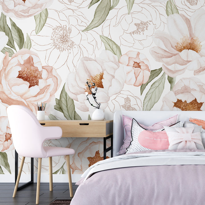 peony floral wallpaper, peony floral peel and stick nursery wallpaper