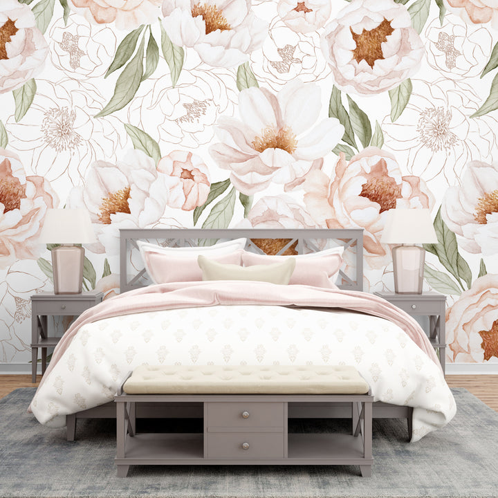 peony floral wallpaper, peony floral peel and stick nursery wallpaper