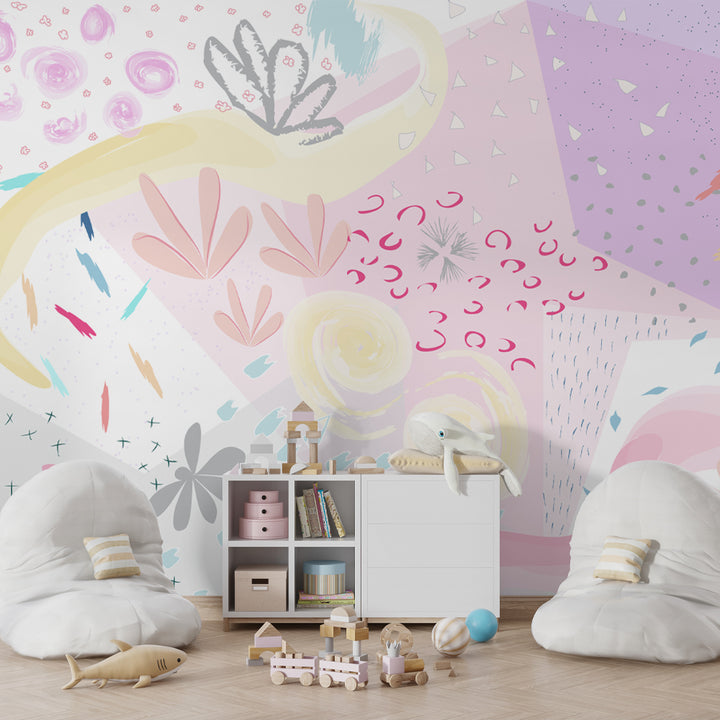 Abstract pastel floral wallpaper with pink, yellow, lavender, and soft gray tones, featuring whimsical patterns and shapes in a peel-and-stick design.