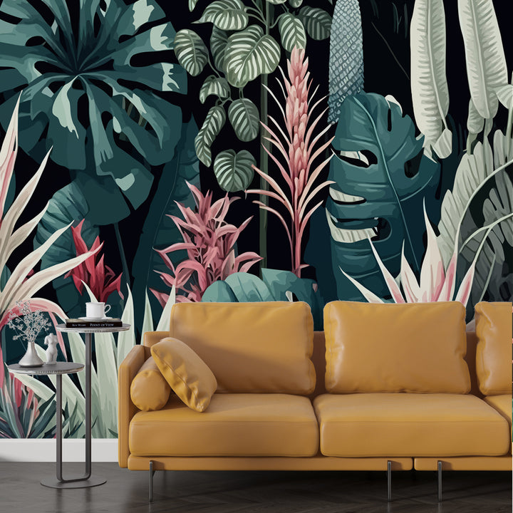 A bold tropical wallpaper featuring lush green leaves and pink tropical flowers on a black background, perfect for creating a vibrant and stylish interior