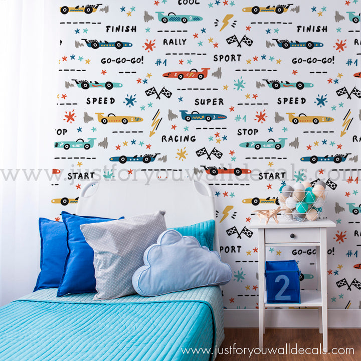 Race car boys room wallpaper peel and stick, pre-pasted wallpaper, removable wallpaper