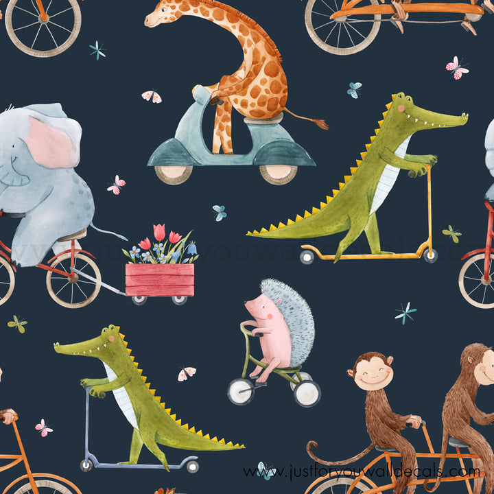 Kids animals on bikeswallpaper, baby boy nursery wallpaper peel and stick removable