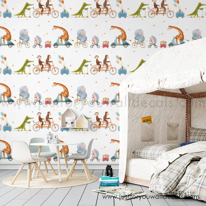 Giraffe Monkey Alligator Animals on bikes wallpaper, baby boy nursery wallpaper peel and stick removable