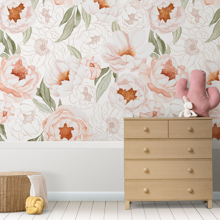 peony floral wallpaper, peony floral peel and stick nursery wallpaper